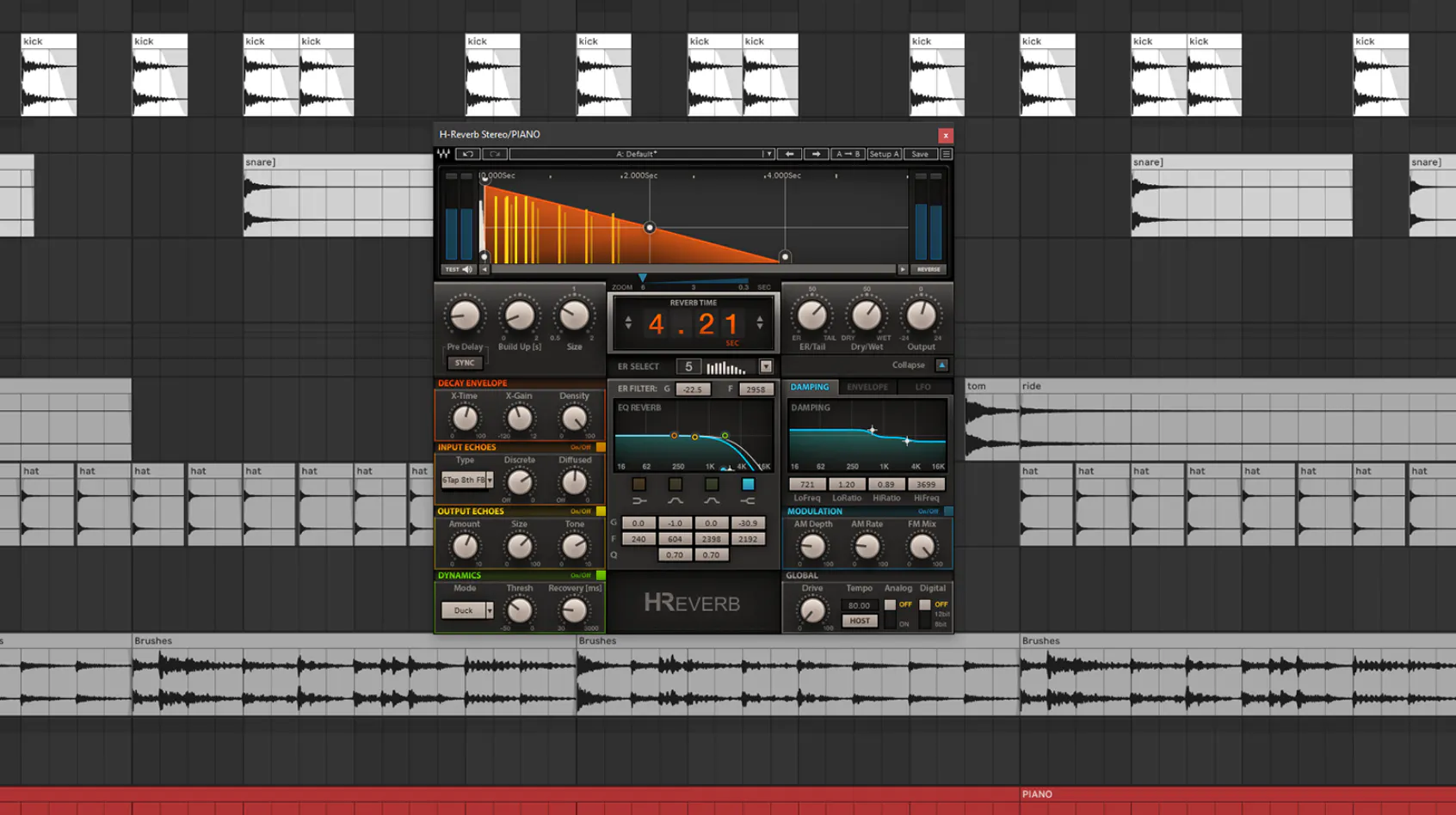 An Ableton Live session showing the Waves H-Reverb being used on a piano channel, with the ducking feature activated