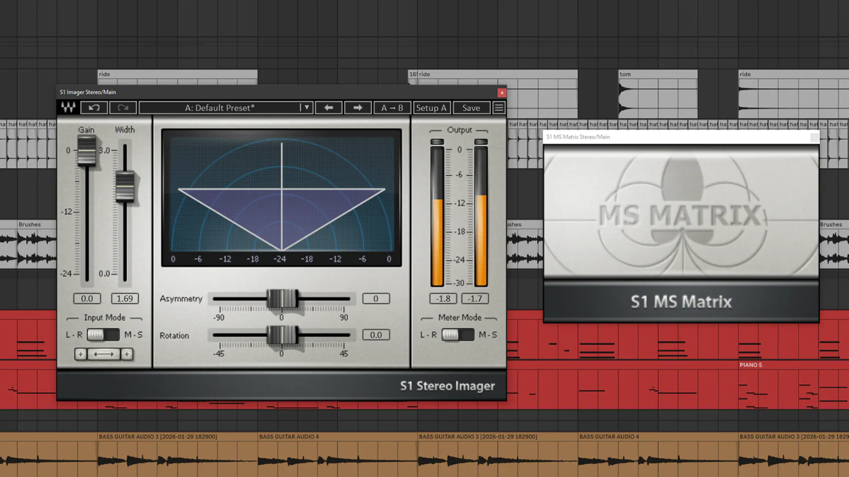 An Ableton Live session showing the Waves S1 Stereo Enhancer and MS Matrix plugins being used