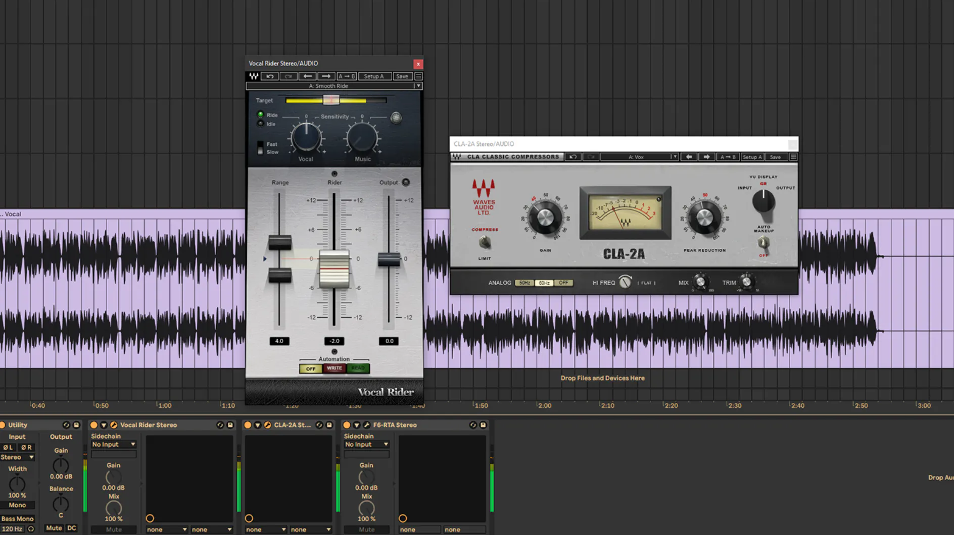 ボーカルトラックでWaves Vocal RiderとCLA-2A Compressorプラグインを使用しているAbleton Liveセッションの画面