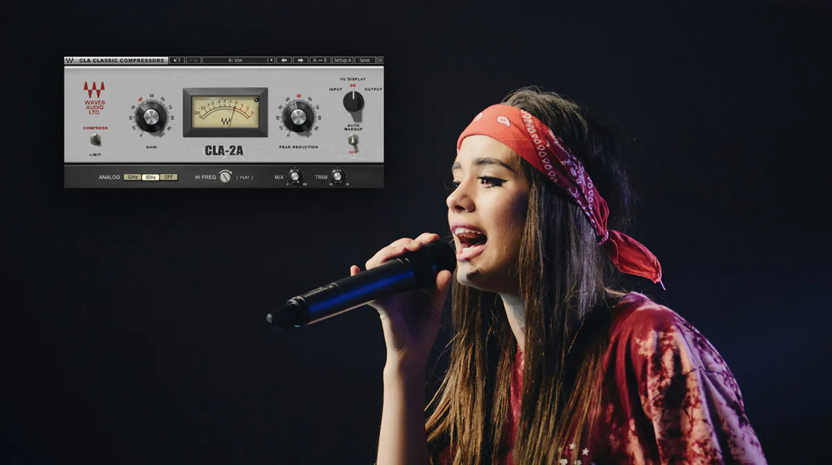 Waves CLA-2A Compressorプラグインがオーバーレイされた、マイクに向かって歌うシンガーの写真