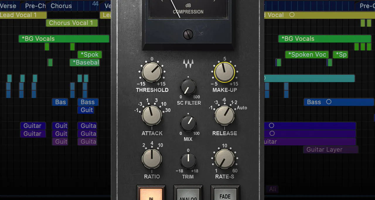 Waves SSL Bus Compressorの注釈付き図。スレッショルド、レシオ、アタック、リリース、メイクアップゲインのコントロール位置を示している。