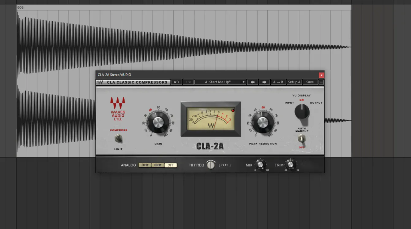 An Ableton Live session showing the Waves CLA-2A compressor being used on an 808 sample with a long tail
