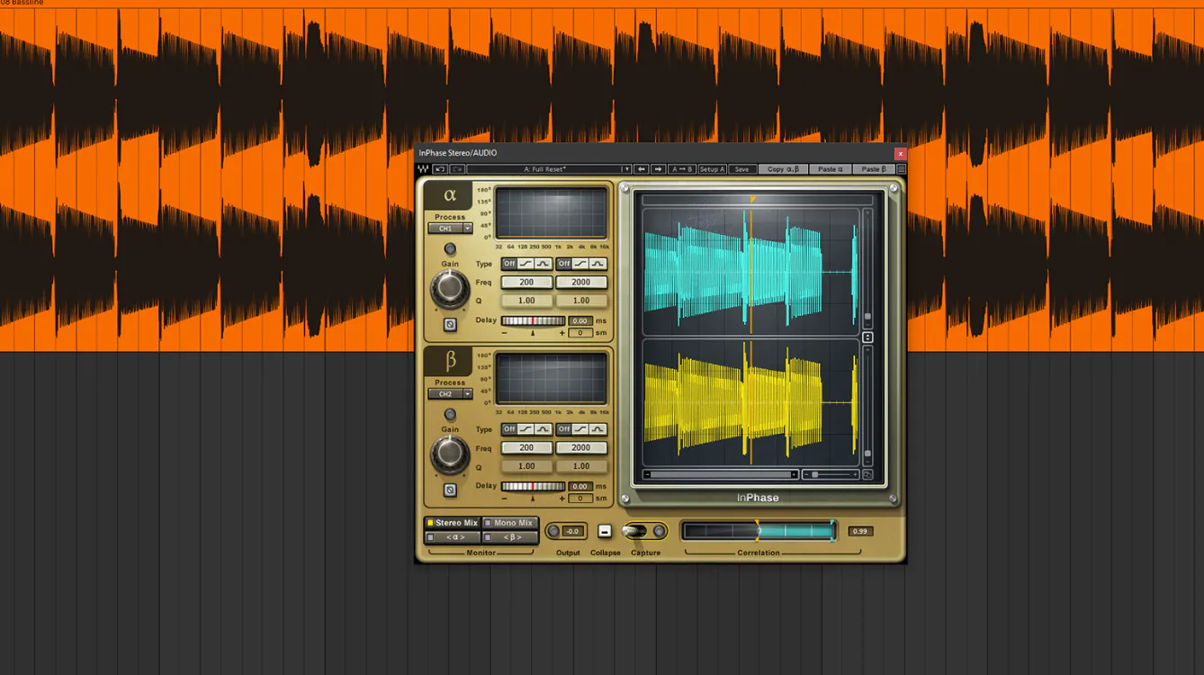 An Ableton Live Session showing the Waves InPhase plugin being used on an 808 Bassline