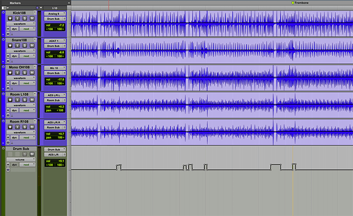 The drum fills are accentuated by pushing up the overall drum level during the fills, via a drum sub-buss channel. The drum fills are accentuated by pushing up the overall drum level during the fills, via a drum sub-buss channel.