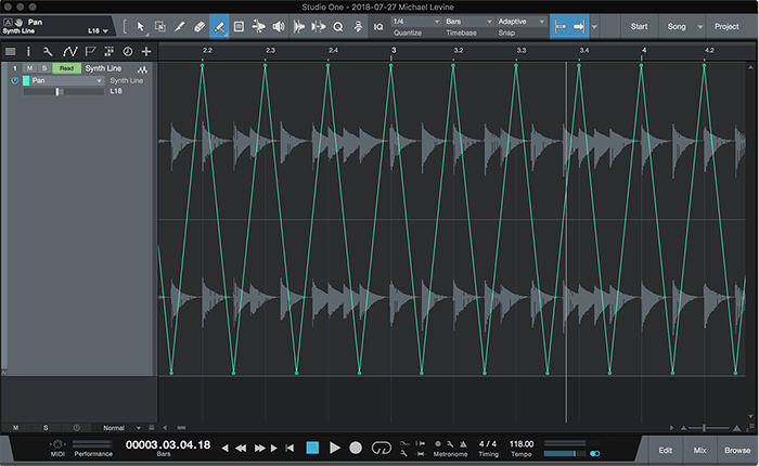 Here’s an automated pan effect drawn in using the Triangle waveshape in Studio One. Here’s an automated pan effect drawn in using the Triangle waveshape in Studio One.