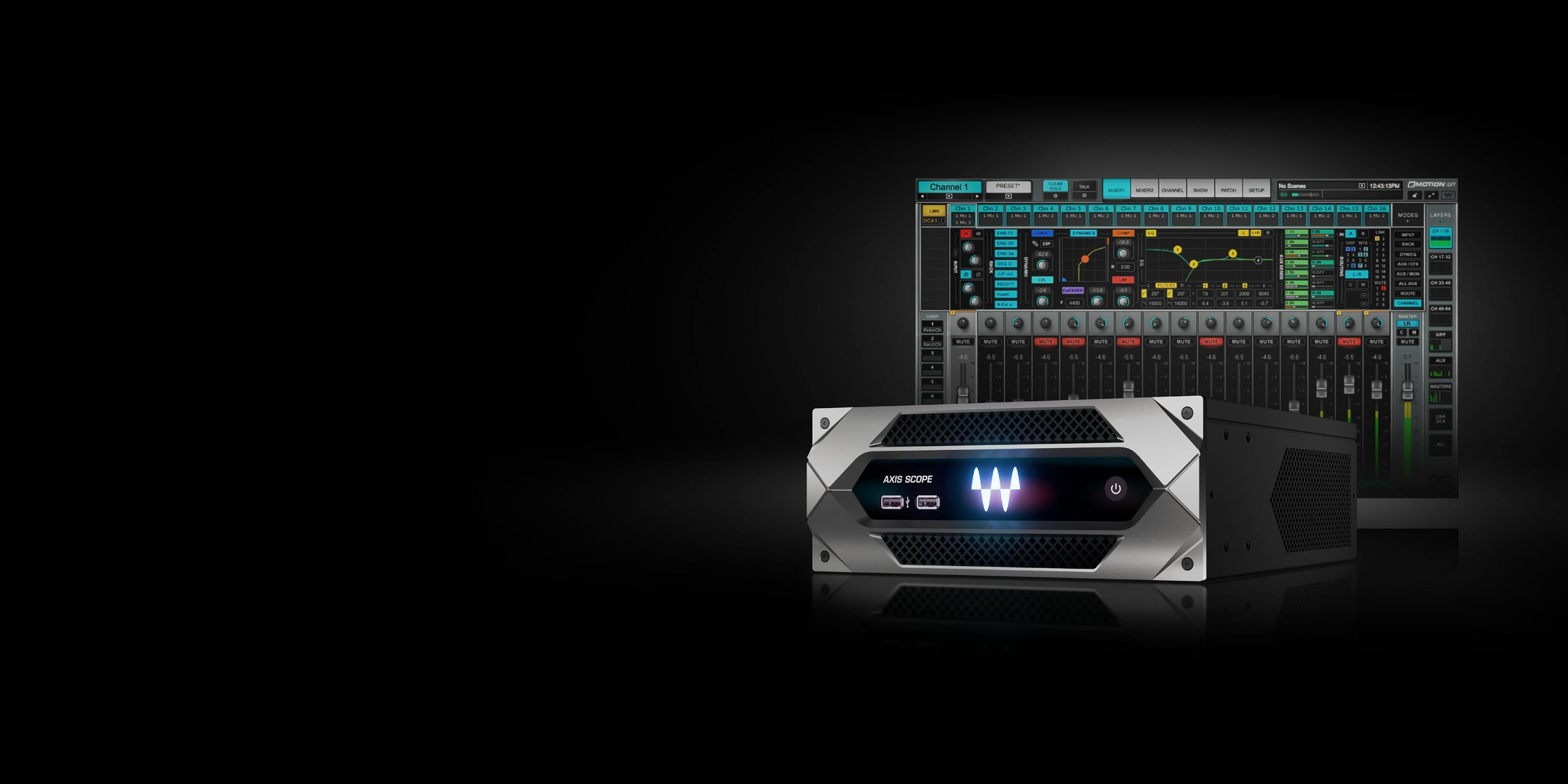 eMotion LV1 64-Channel Mixer + Axis Scope main banner