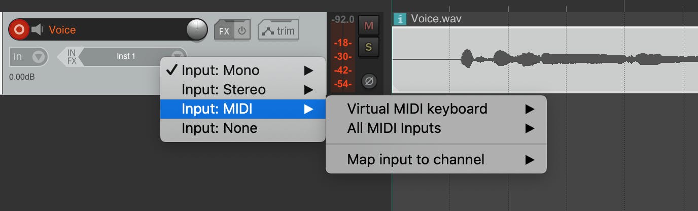 Create a new MIDI track and assign its output to the audio track.
