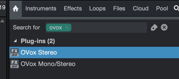 Search for OVox in your insert plugins list and open it on the audio track.
