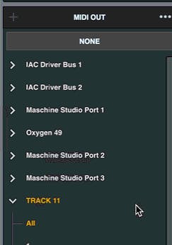 Select the track you wish to send MIDI to (in this case - TRACK 11) and select All