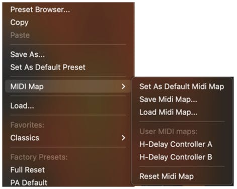 To save a MIDI map, go to “MIDI Map” in the Preset Menu and choose “Save MIDI Map to New File.”