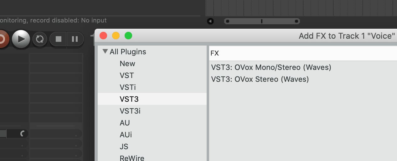 Search for OVox in your insert plugins list and open it on the audio track