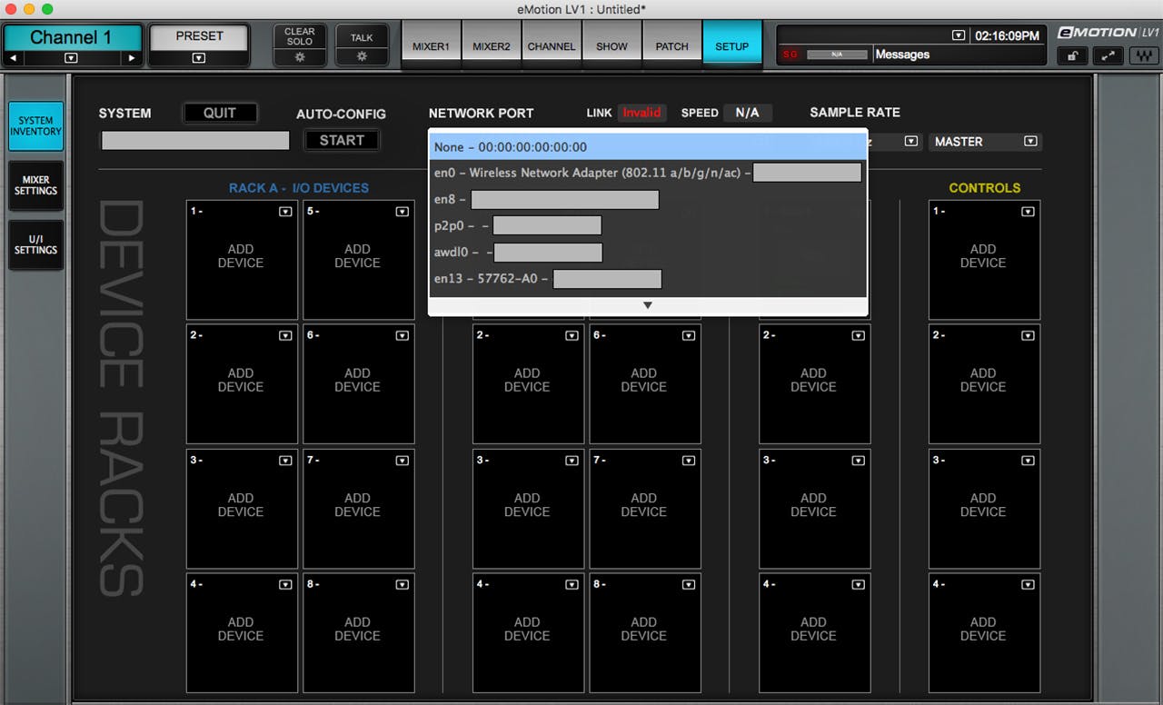 SoundGrid network port selection in the eMotion LV1 Setup page