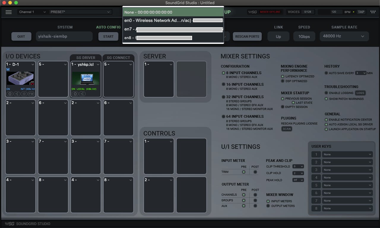 SoundGrid network port selection in the eMotion ST Setup page