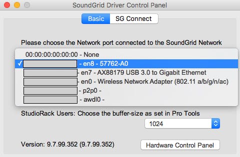 SoundGrid network port selection in the SoundGrid driver's control panel