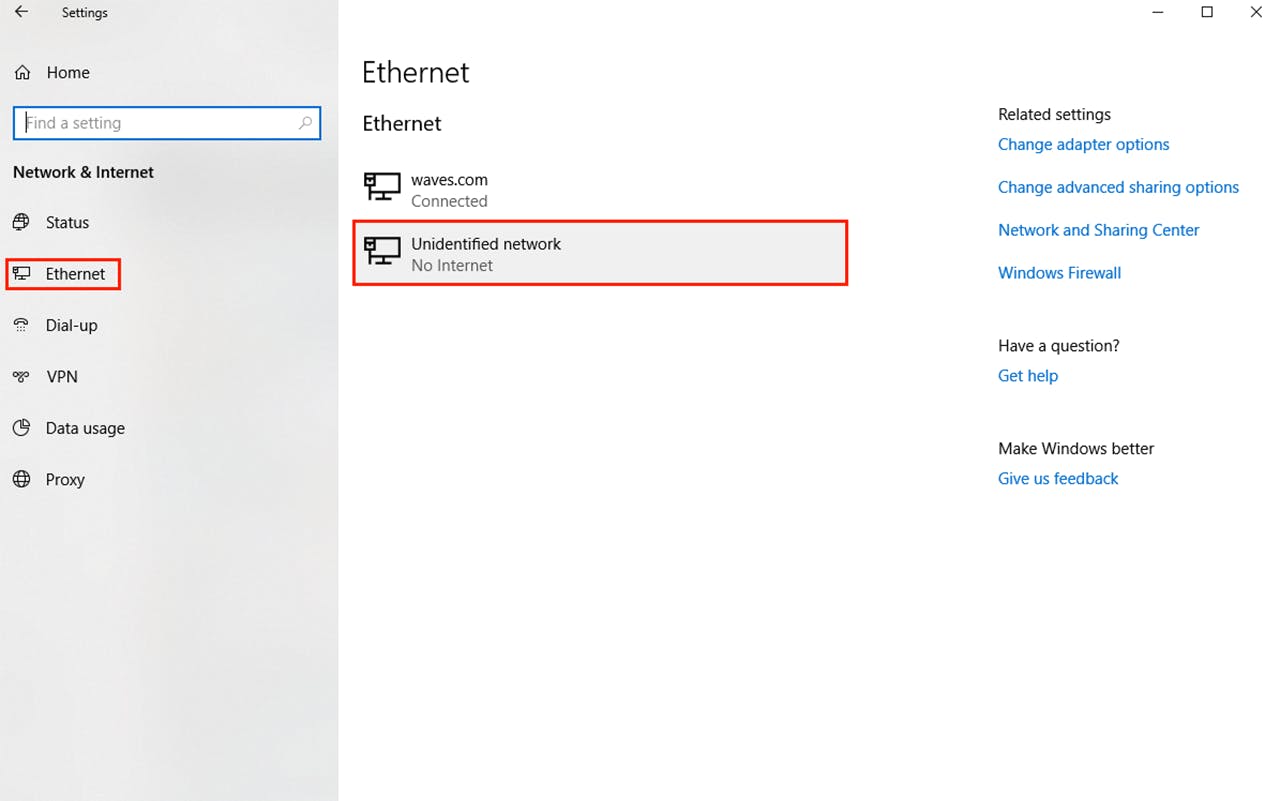 Settings Network and Internet Ethernet tab