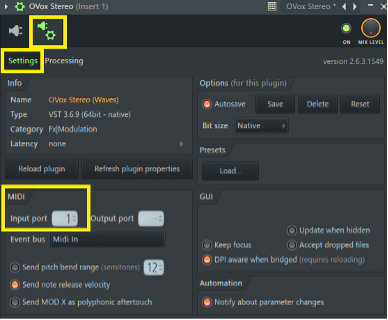 In the Settings window, set the MIDI port to 1