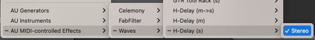 You will find the Waves Plugin under the ‘AU MIDI-controlled Effects’ category