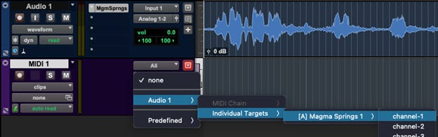 Create a new MIDI track and assign its output to the audio track. Select a MIDI channel in the list