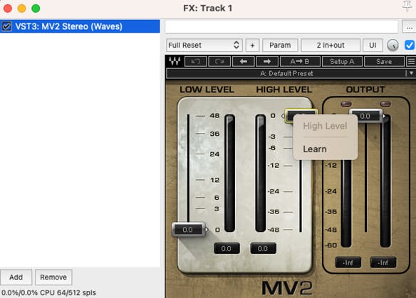 Open the Waves plugin, right-click on the parameter you wish to control and click Learn