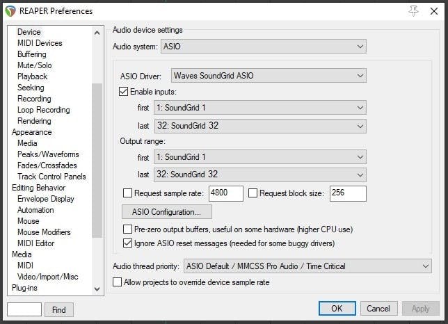 How to set up Reaper for SoundGrid Playback and Recording on Windows