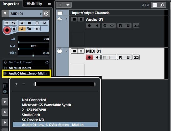 Create a new MIDI track and assign its output to the audio track.