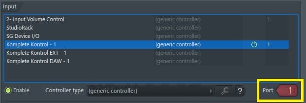 Select the MIDI controller that you are using, and set the MIDI port to 1