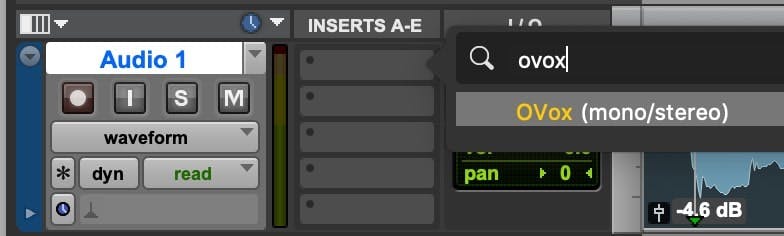 Search for OVox in your insert plugin list, and open it on the audio track.