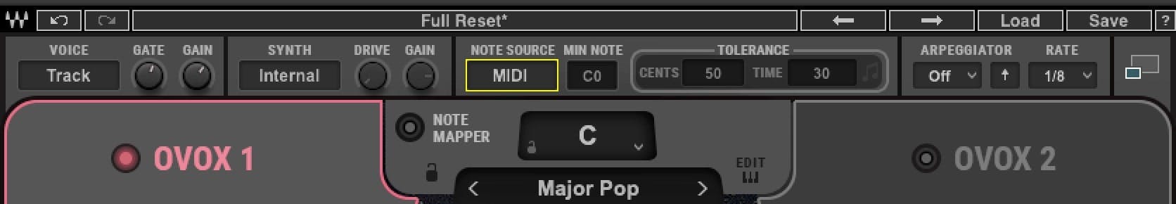 Inside OVox, make sure that ‘Note Source’ is set to either Auto or MIDI.