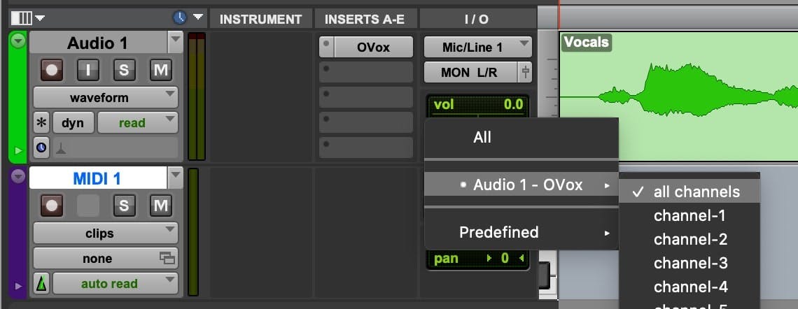 Create a new MIDI track and assign its input to the audio track that OVox is inserted on.