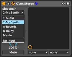 Select the second track as the Sidechain in the OVox container on the first track.